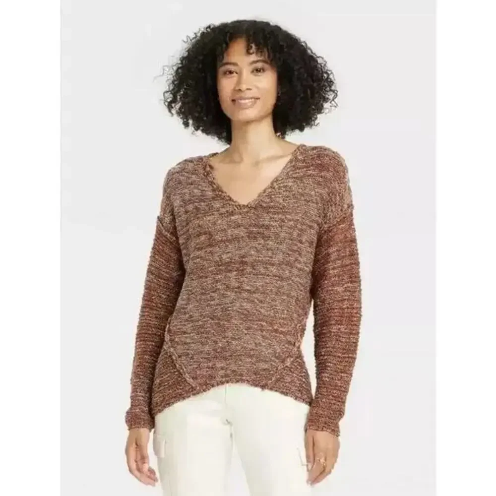 Universal Thread Oversized Pure Cotton Brown Marled Knit V-Neck Sweater